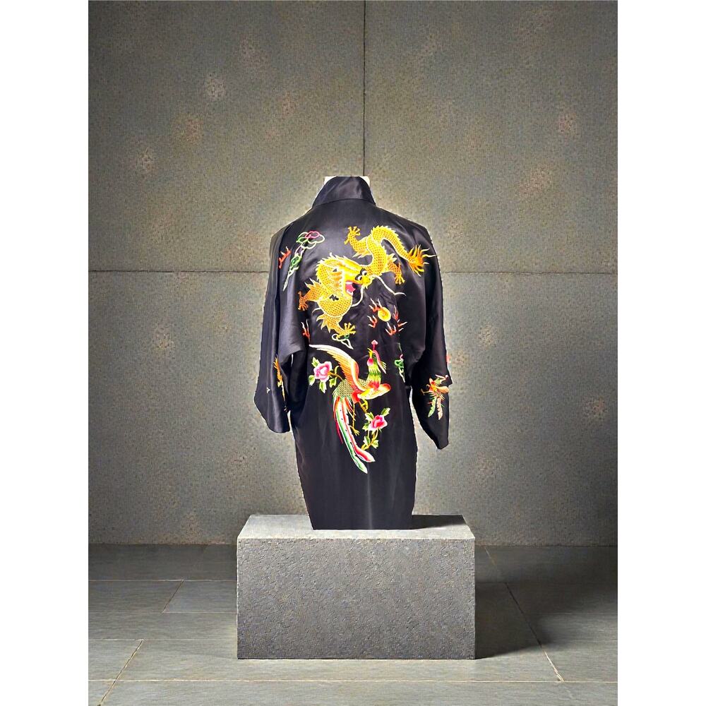 Vintage Chinese Black Satin Dragon Phoenix Embroidered Robe 1970s Kimono - Picture 2 of 6